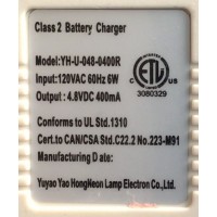 CARGADOR / ADAPTADOR DE FUENTE DE ALIMENTACION / NUMERO DE PARTE YH-U-048-0400R / ENTRADA VCA 120V 60HZ 6W / SALIDA VCD 4.8V 400MA / MODELO YH-U-048-0400R